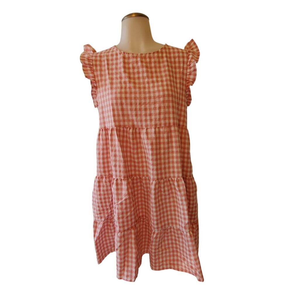 Pink White Gingham Dress Small Flutter Sleeve Tiered Pockets Cottagecore
